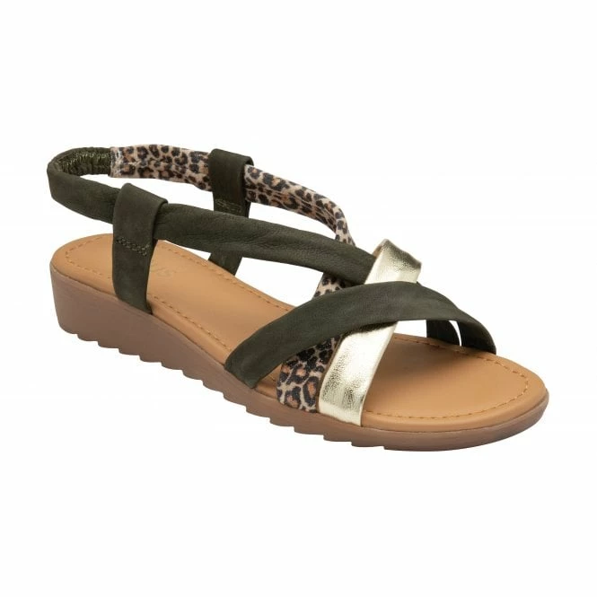 Khaki & Leopard-Print Leather Christa Wedge Sandals | Lotus 3 Khaki & Leopard-Print Leather Christa Wedge Sandals | Lotus