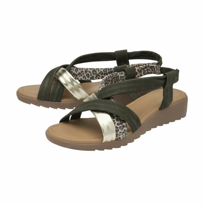 Khaki & Leopard-Print Leather Christa Wedge Sandals | Lotus 4 Khaki & Leopard-Print Leather Christa Wedge Sandals | Lotus - Image 2